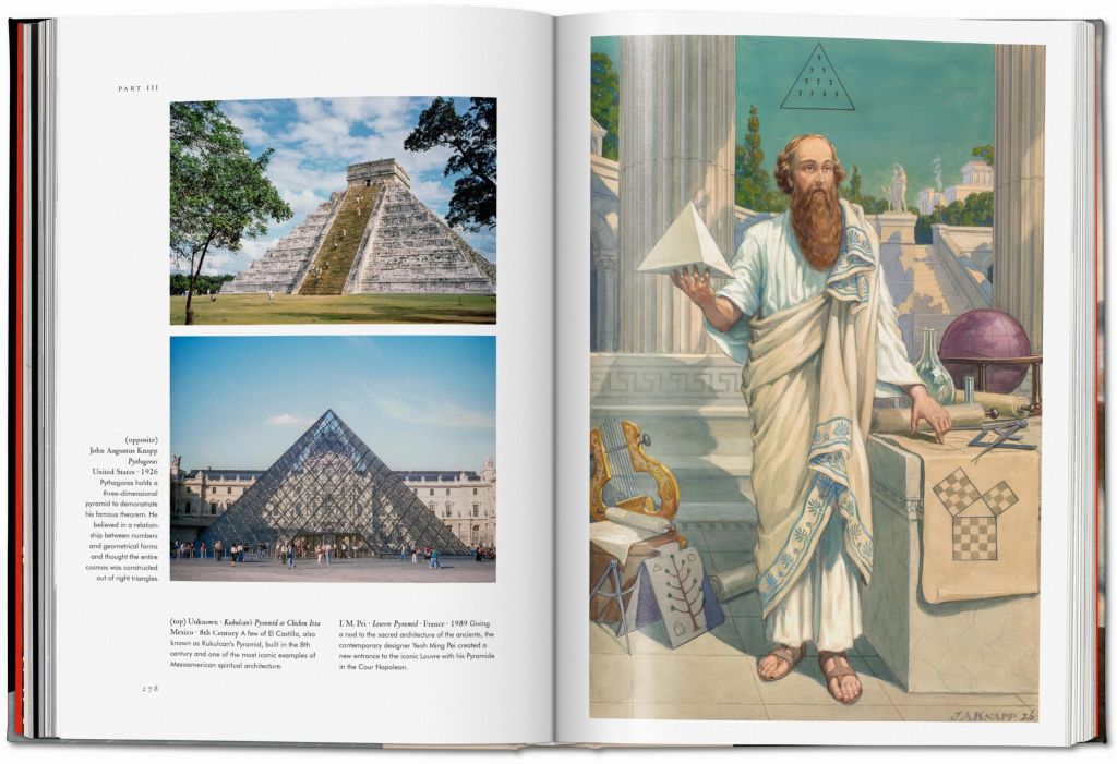 Pythagoras mit dreidimensionaler Pyramide, Kukulcan Pyramide in Chichen liza Mexico und die Louvre-Pyramide in Paris auf einer Musterseite von Sacred Sites, Taschen Verlag.