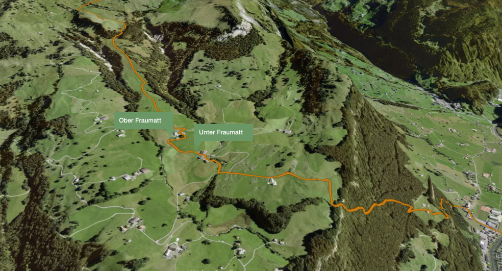 Ausschnitt aus der 3D-Karte zur Wanderung “Eine Felswand für Katzenmenschen“ aus Tages-Anzeiger; Quelle der Karte: © Mapbox 8c) OpenStreetMap