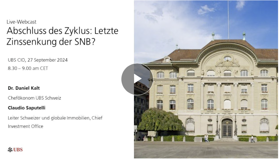 Im UBS-Webcast äussern sich Dr. Daniel Kalt und Claudio Saputelli unter anderem zu ihren Erwartungen an die weitere Entwicklung des Leitzinses in der Schweiz. Zum Betrachten des Videos auf das Bild klicken. Quelle des Videos: UBS Schweiz