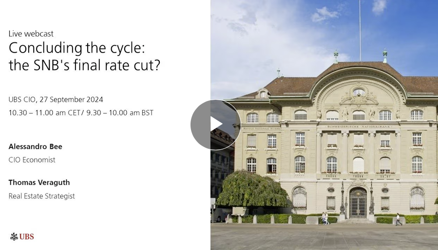 In the UBS webcast, Alessandro Bee and Thomas Veraguth talk about their expectations for the further development of the key interest rate in Switzerland, among other things. Click on the image to watch the video. Source of the video: UBS Switzerland