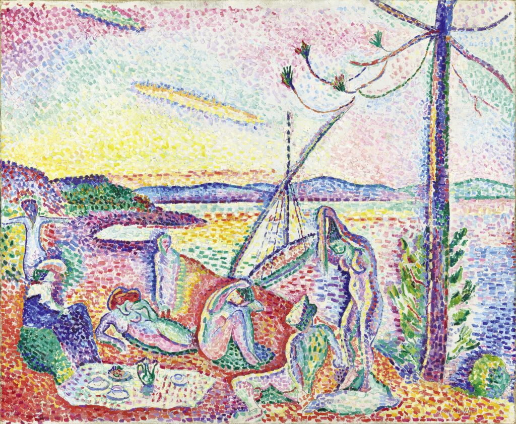 HENRI MATISSE, LUXE, CALME ET VOLUPTÉ, 1904Öl auf Leinwand, 98.5 x 118.5 cm Musée national d’art moderne, Centre Pompidou, Paris, Dation, 1982, Depositum im Musée d‘Orsay, 1985 © Succession H. Matisse / 2024, ProLitteris, Zurich Foto: © RMN-Grand Palais (musée d‘Orsay) / Hervé Lewandowski