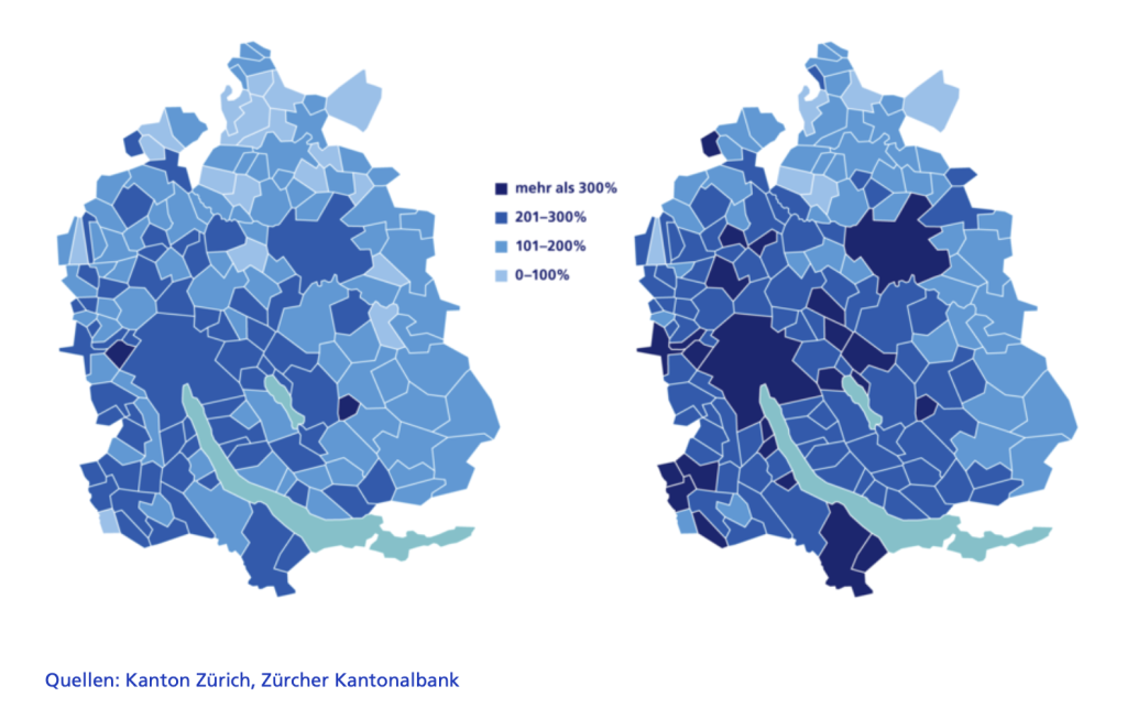 Durchschnittlicher Anstieg der Landwerte von Einfamilienhäusern (links) und Stockwerkeigentumswohnungen (rechts) nach der neuen Weisung 2026